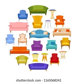 Banner with a set of sofas, armchairs, chairs, stools of various shapes and design. Vector illustration in a flat style. A composition of cushioned furniture.