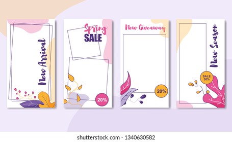 Banner Set of Special Trade. Coupons and Vouchers on New Arrival, Spring Sale, New Giveaway, Special Offer for New Season Sale 20, 20, 30 Percent. Floral Ornament on Discounts and Promotional Flyers