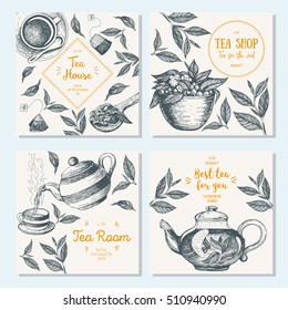 Banner set for tea shop. Teahouse square banner collection. Linear graphic