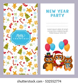 Banner set template. Place for your text. Vector illustration with cute owls and traditional symbols of Christmas.