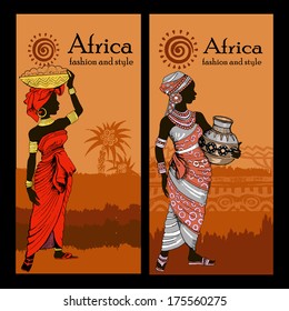 Banner set of travel. Tropical landscape. Beautiful black woman.African woman