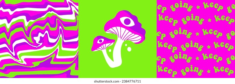Banner set with trippy mushrooms characters, bright psychedelic colors neon fluid background, wild mystical fantasy typography. 90s vector design.