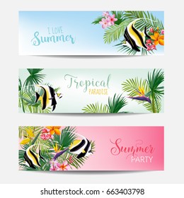 Banner Set of Tropical Flowers and Exotic Fish, Cards with Text, Beach Flyers in Vector