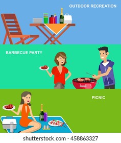 Banner set. Vector character people on picnic or Bbq party. Food and barbeque, summer and grill. Chef men cooking steaks