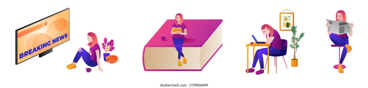 Banner set vector illustration on white background. Woman read or work or learn and watch tv at home.