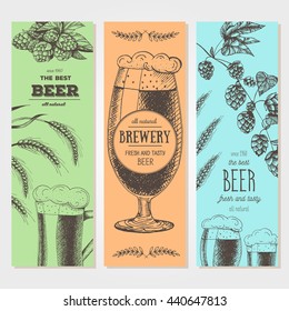 Banner set. Vector illustration in sketch style. Hand drawn beer vertical banners. Line drawing