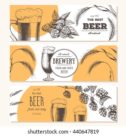 Banner set. Vector illustration in sketch style. Hand drawn beer horizontal banners. Line drawing