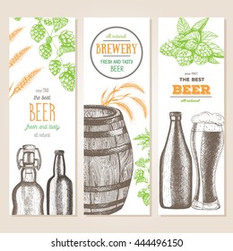 Banner set. Vector illustration in sketch style. Hand drawn beer vertical banners. Line drawing