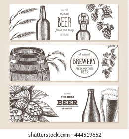 Banner set. Vector illustration in sketch style. Hand drawn beer horizontal banners. Line drawing