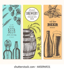 Banner set. Vector illustration in sketch style. Hand drawn beer vertical banners. Line drawing