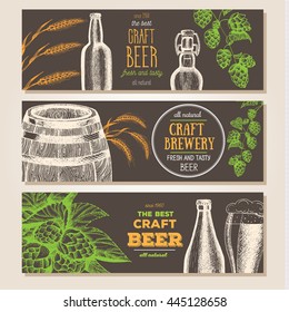 Banner set. Vector illustration in sketch style. Hand drawn beer horizontal banners. Line drawing