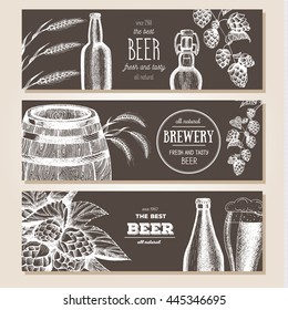 Banner Set. Vector Illustration In Sketch Style. Hand Drawn Beer Horizontal Banners. Line Drawing