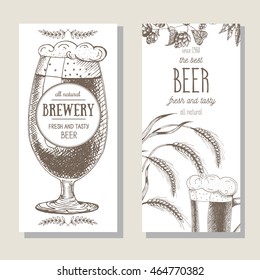 Banner set. Vector illustration in sketch style. Hand drawn beer vertical flyers. Line drawing