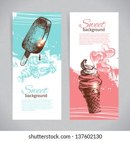 Banner Set Of Vintage Hand Drawn Sweet Backgrounds. Menu For Restaurant And Cafe