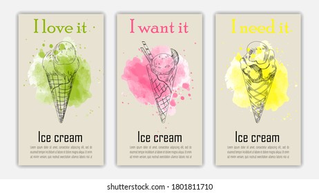 Banner set of vintage hand drawn ice cream backgrounds. Menu for restaurant and cafe.