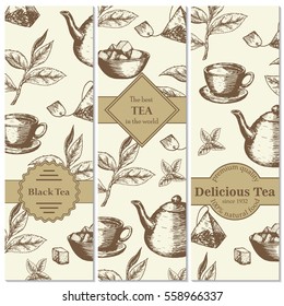 Banner set of vintage hand drawn tea backgrounds. Menu for restaurant, cafe, bar, coffeehouse. Vector illustration.