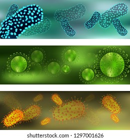 Banner With A Set Of Viruses And Bacteria. Viruses And Bacteria Under The Microscope. Bacterial Virus, Microbial Cells. Cold, Acute Respiratory Infections, SARS, Flu. Vector Illustration