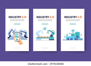 Banner set of working person using wireless technology to control. For workflow With clever deviceinfographic of industry 4.0 concept. Vector illustration 