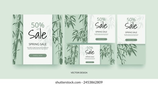 A banner set for a yoga sale featuring a green ink illustration of bamboo leaves. Asian aesthetics, perfect for promoting spa or wellness products. Spring sale. Not AI.