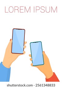 Banner with several hands holding smartphones with blank screens. Chatting. Exchange numbers, communicate on social networks. Mobile photography.