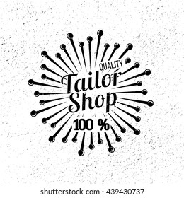 Banner sewing studio. Vintage logo tailor shop. Black and white tailor needle with grunge texture.