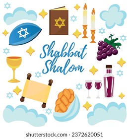 Banner for Shabbat Shalom with symbols on white background