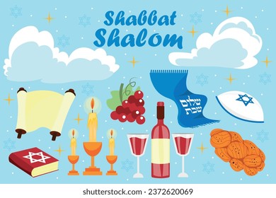 Banner for Shabbat Shalom with symbols on light blue background