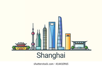 Banner of Shanghai city in flat line trendy style. All buildings separated and customizable. Line art.