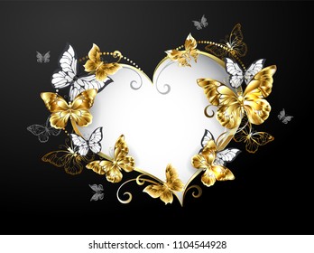 Banner in shape heart  decorated and gold   white butterflies black background 