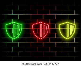 Banner shape shield. Transparent billboard with neon lights. Vector illustration... Green, red, yellow, pink, blue, orange.