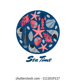 Banner with shell, sea star and other. 