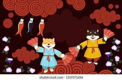 Banner with shiba inu, paper carps and clouds. Place for text.