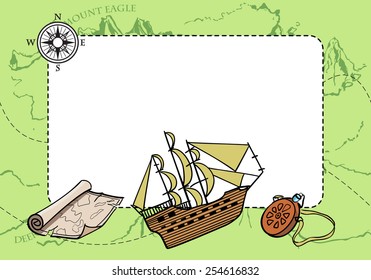 The banner with ship, compass, flask and map. Vector