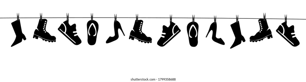 Banner with shoes, boots, slippers and flip flops on the clothesline with clothespins. Do laundry. 