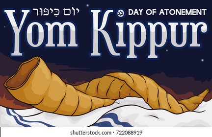 Banner with a Shofar horn over a white shawl or tallit, in a sunrise of traditional Jewish Yom Kippur (or Day of Atonement, written in Hebrew) celebration.
