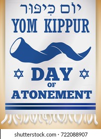 Banner With Shofar Horn Silhouette, Greeting Text And Calligraphy For Yom Kippur (or Day Of Atonement, Written In Hebrew) Over A White Tallit.