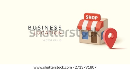 Banner with shop building and red location icon, 3D. For concepts of promotional offers, sales, discounts. Vector illustration.