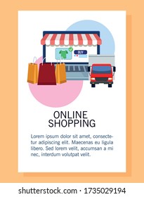 banner shopping online with laptop buying shirt and truck vector illustration design