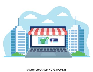 banner shopping online with laptop buying shirt vector illustration design