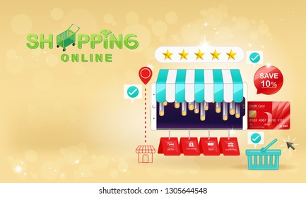 Banner Shopping Online on Website or Mobile Application Vector Concept Marketing and Digital marketing.