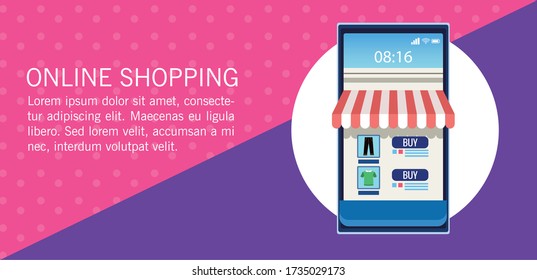 banner shopping online with smartphone and store front vector illustration design