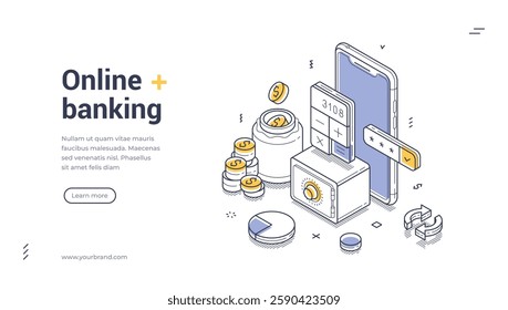 Banner showcase online banking features with detailed isometric designs. Elements include coins, a calculator, and a smartphone, emphasizing modern financial transactions. Vector illustration