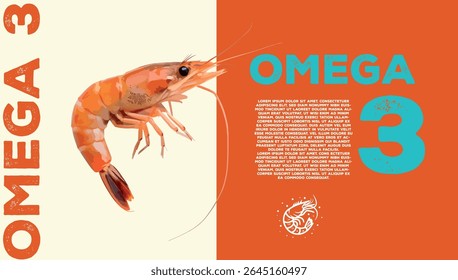 Camarão banner. Texto ômega 3. Composição gráfica. Cor