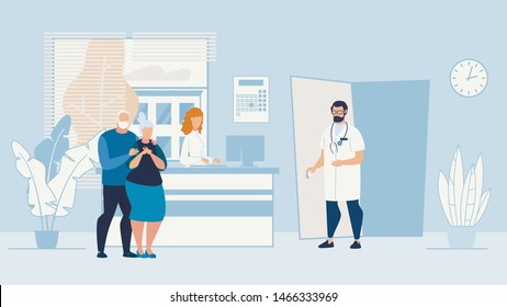 Banner Sick Elderly Couple Patients Husband and Wife, are in Doctors Office. Husband Gently Hugs his Beloved Wife. Physician is Specialist in Diseases Elderly in Ward and Invites them to Enter.