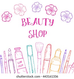 Banner with sign BEAUTY SHOP decorated with hand drawn sketch cosmetics: mascara, eye pencil, make up brush, hand cream, flower, lip gloss, nail polish, face serum. Vector illustration. Beauty shop