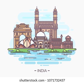 Banner or sign with indian landmarks. Agra taj mahal and Delhi Lotus temple, amer and Indian red fort, humayun’s tomb, India gate or gateway. Tourism and travel, vacation card, monuments panorama