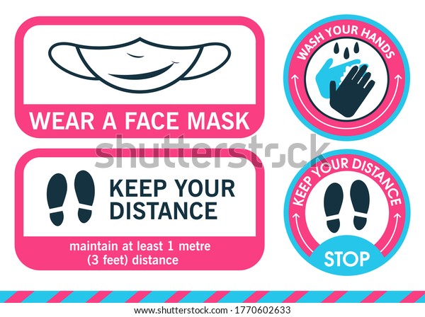 Banner\
sign. Sticker Wear a face mask. Foot sticker in circle Keep your\
distance. Wash your hands. Maintain distance mark. To prevent\
coronavirus, pandemics, covid-19 or other\
viruses.