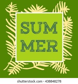 Banner with sign SUMMER with hand drawn palm leaves. Sketch with palm. stock illustration. Green leaves. SUMMER poster. 