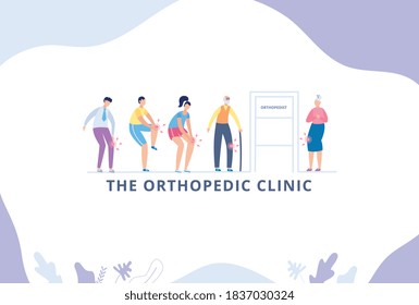 Banner or signage for advertising of an orthopedic clinic. Young and elderly patients suffering from joint pain, knee osteoarthritis are waiting treatment an orthopedist doctor