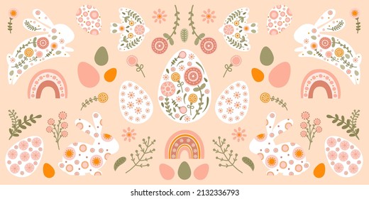Banner with silhouette Easter egg, rabbit, flowers and rainbow in flat style. Illustration cute spring eggs and hare in pastel colors. Vector